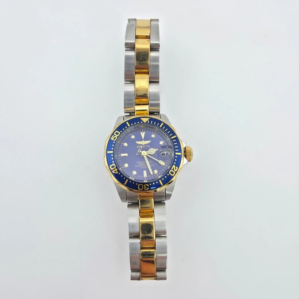 INVICTA Pro Diver Ladies Watch Blue W.R. 200 Meter Silver Gold Tone 6.75